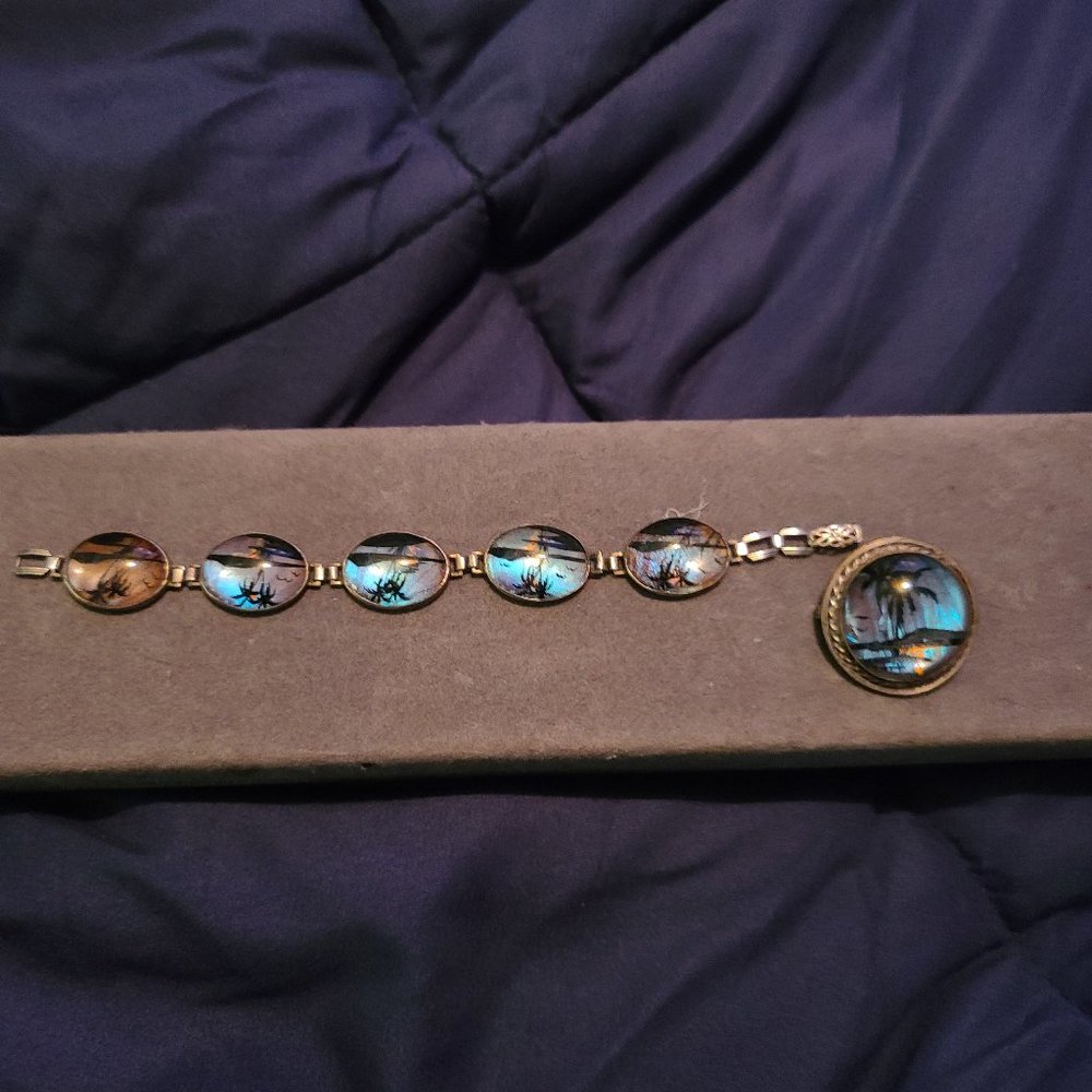 Vintage  deco 1930s morpho butterfly bracelet and broach set